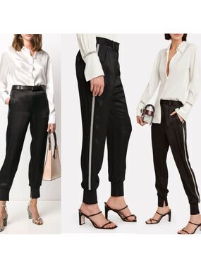 3.1 phillip Lim black silver beaded satin tuxedo stripe joggers Sz 8